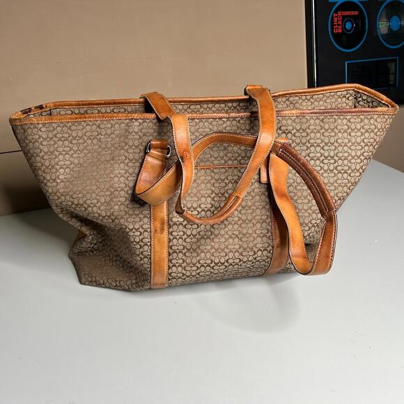 Coach Signature Canvas Leather Tote Bag F77012 D065 Brown Tan Large